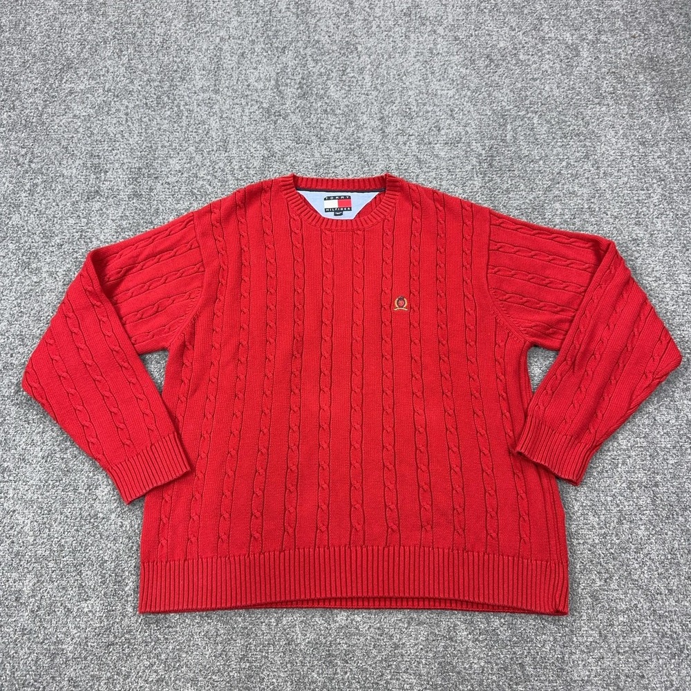 Tommy Hilfiger Sweater Mens 2XL Red Crewneck Cotton Cable Knit Pullover Casual